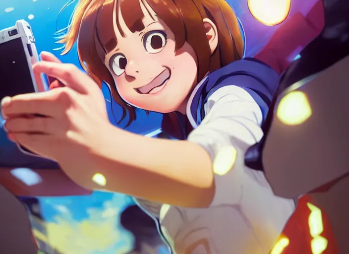 Image similar to closeup portrait of ochaco uraraka from my hero academia taking a selfie with her shoe collection, sunny, bright, reflections, intricate, sharp focus, lens flare, bloom, illustration, highly detailed, digital painting, concept art, matte, art by ruan jia and wlop and greg rutkowski, masterpiece