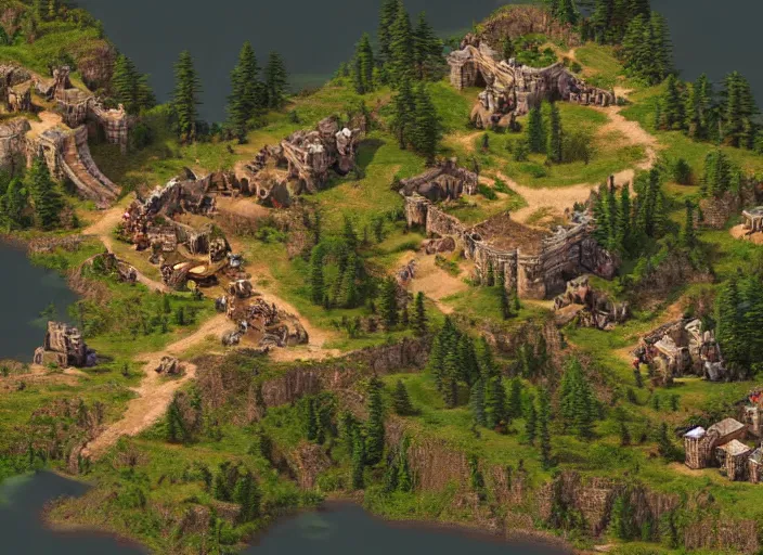 Image similar to isometric map of age of empires video game, procedural, top down, AOE2 , civilization, river, forest, cave, mountain, 3d map, woods, hills, buildings, snow, , digital art,realistic,detailed,art by greg rutkowski