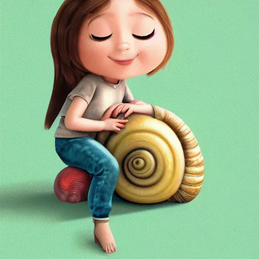 Prompt: a little girl hugging a giant snail, photo, realistic, artstation , beautiful, octane render