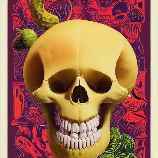 Prompt: an upclose photograph of a hyper - modernized monster made entirely of cheese and fruit. the skull of the monster is carved from cheese, while various fruits comprise the remaining features of the monster, ultra realistic, 5 0 mm. poster by joseph christian leyendecker, wlop, boris vallejo, kyoto studio, and madhouse