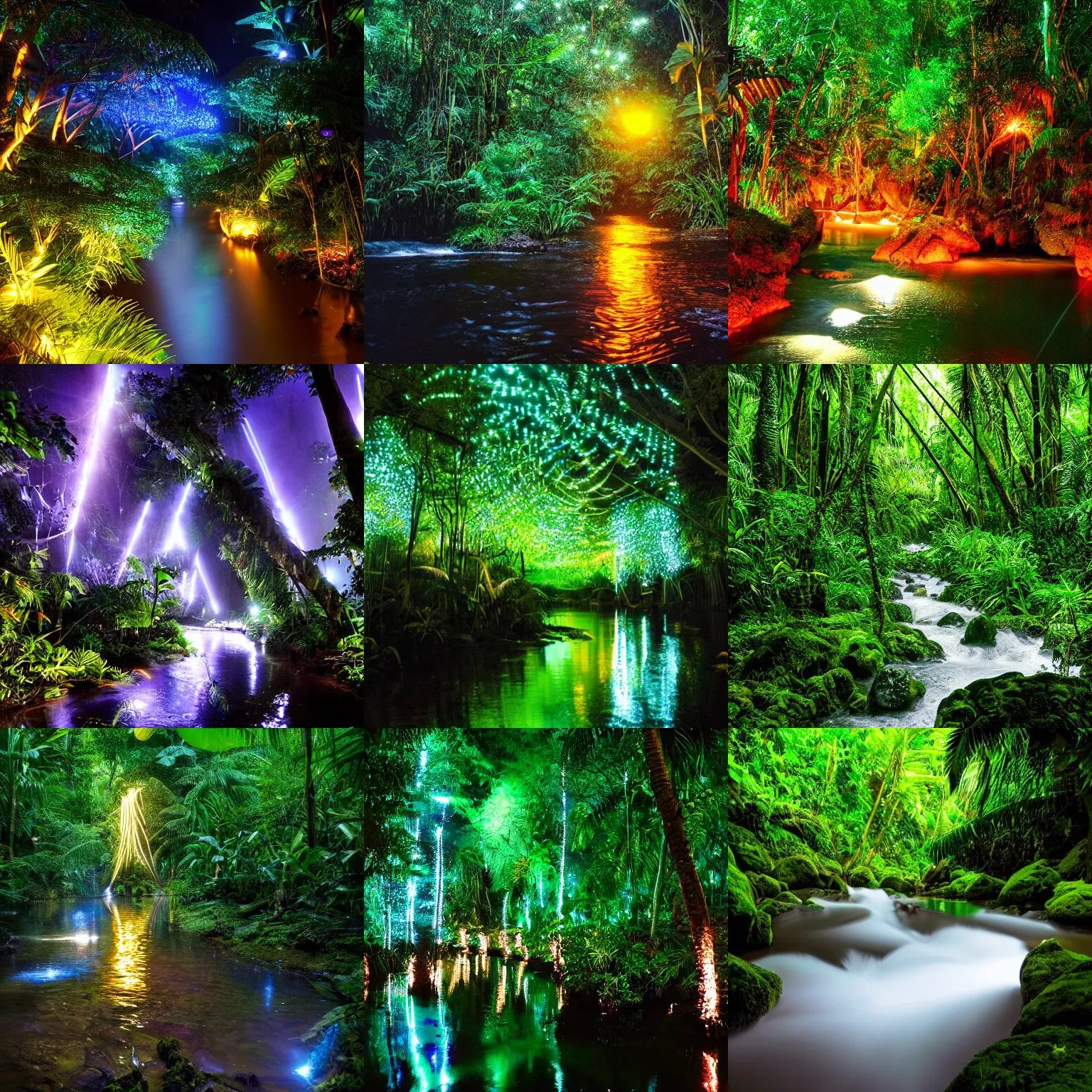 Prompt: river of light in a tropical rainforest