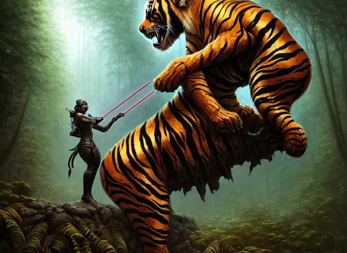 Prompt: romantic portrait shot of darth vader riding a tiger through the jungle intricate, elegant, highly detailed, centered, digital painting, artstation, concept art, smooth, sharp focus, illustration, artgerm, tomasz alen kopera, peter mohrbacher, donato giancola, joseph christian leyendecker, wlop, boris vallejo