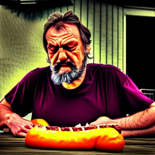 Image similar to slavoj zizec eating a hot dog, hdr, close - up, cinematic