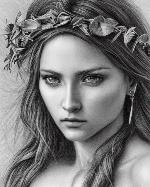 Image similar to pencil drawing of a beautiful greek goddess aphrodite wearing a laurel wreath and arrowhead earrings, beautiful confident and piercing eyes, beautiful flowing hair, hyper realistic face, in the style of greg rutkowski, fantasy, amazing detail, epic, elegant, smooth, sharp focus, from the front