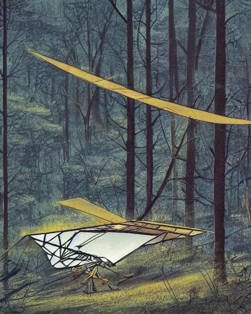 Image similar to ornithopter abandoned in a forest, illustration by hiro isono, art station