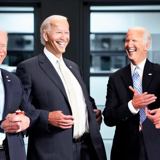 Image similar to stock photo of kim kardashian, joe biden, and bill gates wearing suits and ties laughing in an office building, 8k resolution, full HD, cinematic lighting, award winning, anatomically correct