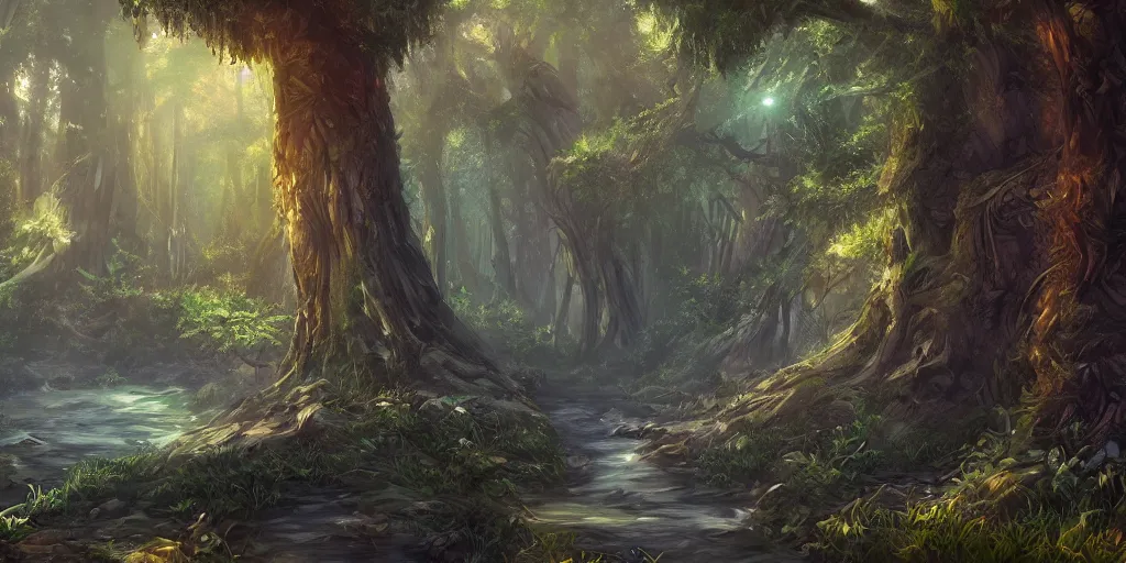 Image similar to digital painting of a fantasy forest, artstation, wallpaper, hd, bushes, river, fantastic creatures, depth of field