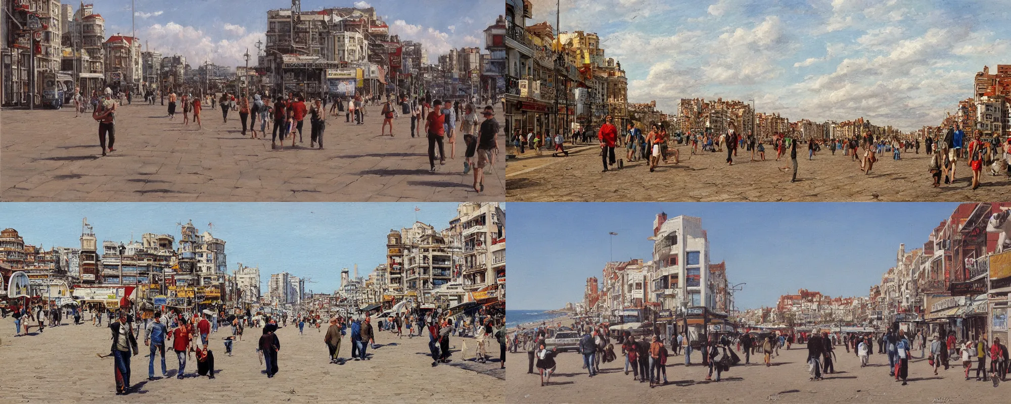 Prompt: people walking in Mar del Plata, shore and buildings by Alex Horley ,