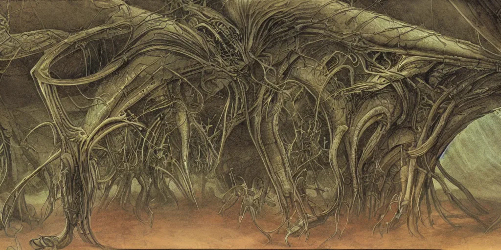 Image similar to high resolution scan of the pages of an old and alien herbarium, by john howe