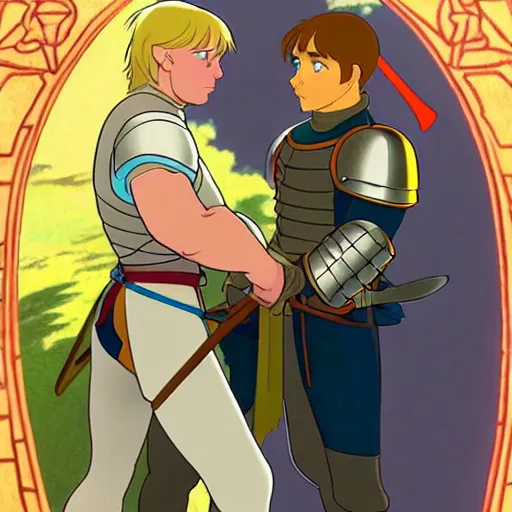 Image similar to arthur pendragon training with his favorite knight, natural lighting, path traced, highly detailed, high quality, cartoon, digital painting, by don bluth and ross tran and studio ghibli and alphonse mucha