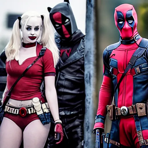 Prompt: film still, Harley Quinn and Deadpool