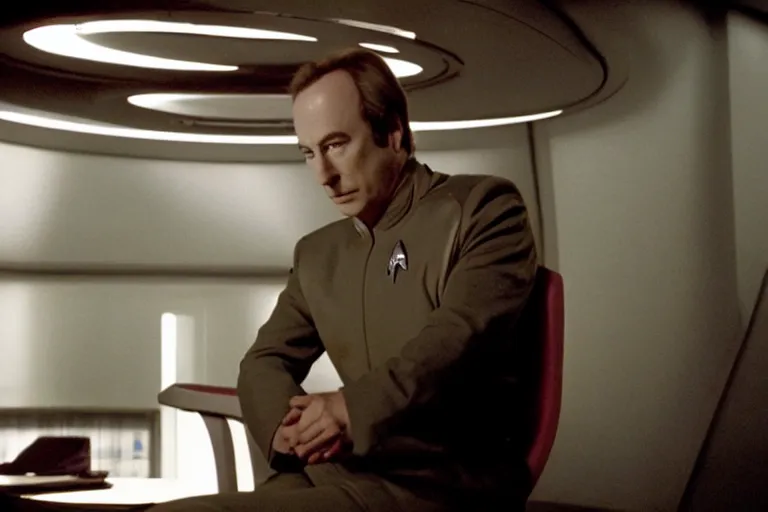 Prompt: A film still of Bob Odenkirk in a Star Trek: The Next Generation, sitting in Ten Forward, dramatic lighting