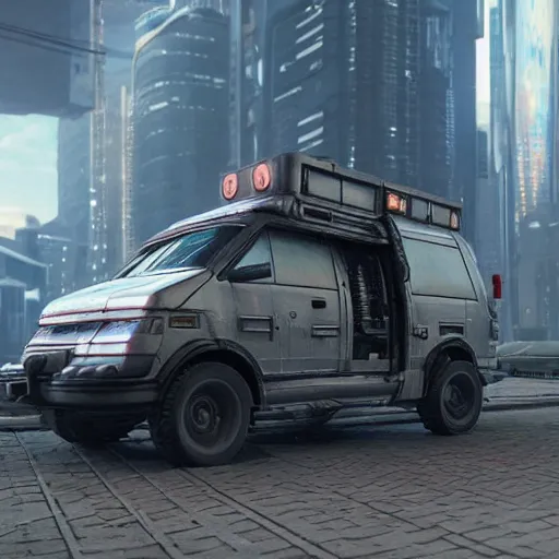 Image similar to cyberpunk alien concept of the a - team van, futuristic look, highly detailed body, very powerful, photorealistic camera shot, crisp quality and light reflections, unreal engine 5 quality render