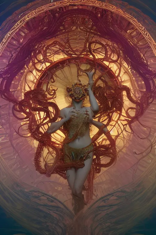 Image similar to an immaculate render of a complex metallic sphere spawning cables and bird wings, floating in a temple surrounded by wild tentacles made from mandalas and incense smoke, full body, perfect face, powerful, cinematic, beautifully lit, by artgerm, by alphonse mucha, by karol bak, 3 d, trending on artstation, octane render, 8 k