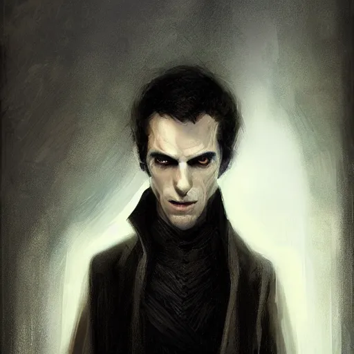 Image similar to portrait of a man by greg rutkowski, sith kinght, he looks like a vampire, long black messy hair, very tall and slender, star wars expanded universe, wearing black robes, he is about 3 0 years old, highly detailed portrait, digital painting, artstation, concept art, smooth, sharp foccus ilustration, artstation hq