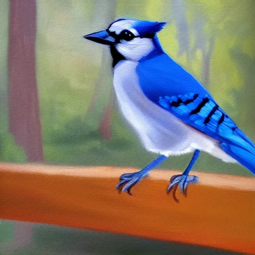 Image similar to expressive oil painting of a blue jay on a small bridge in a forest, natural color palette