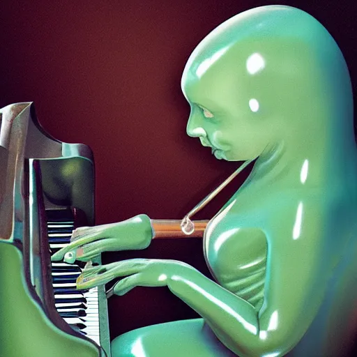 Image similar to slimy woman, playing piano, futuristic, pipe smoking, couch