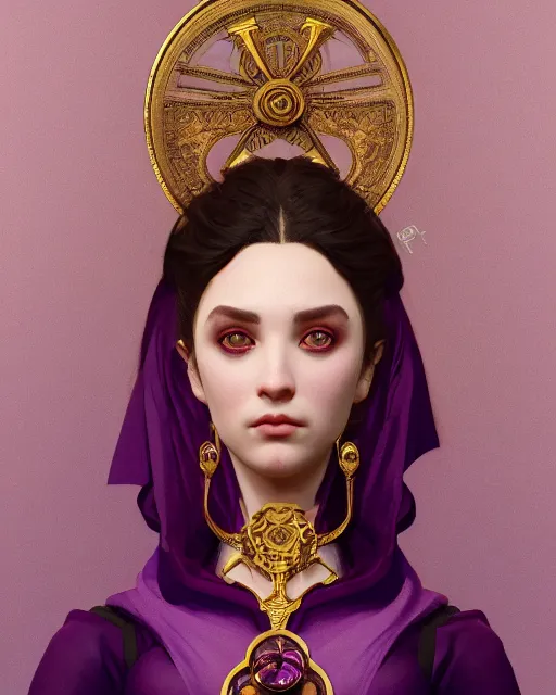 Image similar to greek vampire, ornate purple and gold byzantine dress, very detailed, beautiful, intricate, cinematic, artstation, william bouguereau, alphonse mucha, greg rutkowski, rossdraws, octane render