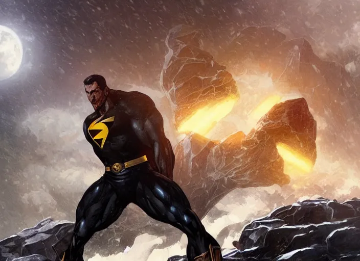 Image similar to giant black adam attacking the xmen during a blizzard, highly detailed, digital illustration, artstation, concept art, matte, sharp focus, illustration, dramatic, full moon, art by artgerm and greg rutkowski and alphonse mucha