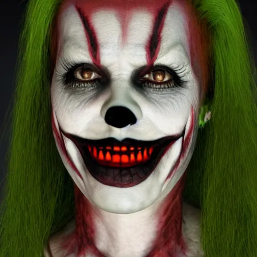 Image similar to alan lee portrait of fairuza balk as a realistic evil demon girl clown with deep dark eyes and lots of mascara and green hair and sharp wicked metal teeth and tattered elven ears very ugly creature by guillermo del toro redshift 3 d render, 1 1 aperture, 3 5 mm, canon 5 d