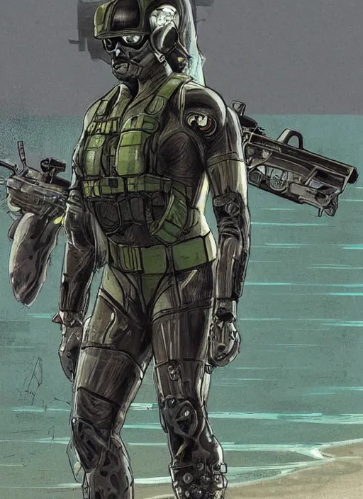 Prompt: black widow. USN blackops operator emerging from water at the shoreline. Operator wearing Futuristic cyberpunk tactical wetsuit and looking at an abandoned shipyard. Frogtrooper. rb6s, MGS, and splinter cell Concept art by James Gurney, Alphonso Mucha. Vivid color scheme.