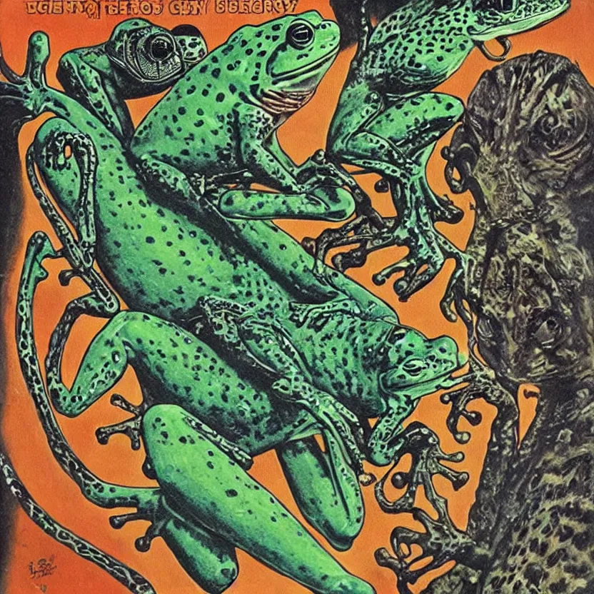Prompt: alien frog, cheetah, and bird. strange anatomy. pulp sci - fi art