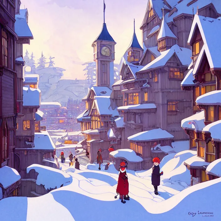 Image similar to canadian city, winter, in the style of studio ghibli, j. c. leyendecker, greg rutkowski, artem