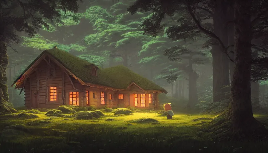 Image similar to A highly detailed matte painting of cottage in a dark forest, by Studio Ghibli, Makoto Shinkai, by Artgerm, by beeple, by Greg Rutkowski, volumetric lighting, octane render, 4K resolution, trending on artstation, masterpiece