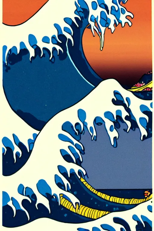 Image similar to Patrick Nagel Poster Illustration of The Great Wave off Kanagawa, sunset in the background