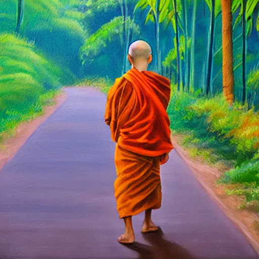 Image similar to fuzzy painting of a young buddhist monk walking down a narrow road in jungle early morning