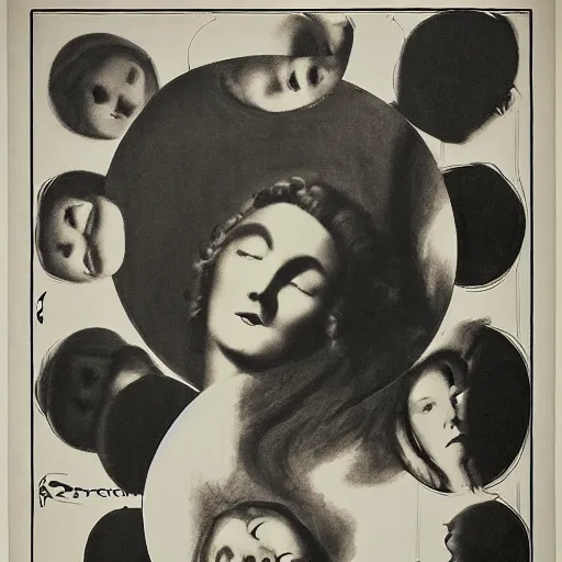 Prompt: the profile of a woman's face looking down at a group of unidentifiable humans cowering in a circle, accentuated shadows, in style of william mortensen, art nouveau, dark