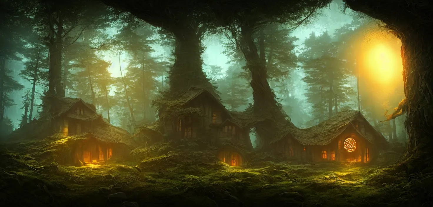 Prompt: random scary forest house landscape, round glowing portal, incredible, vector art, octane render, fabulous, hyper detailed, random cinematic view, no noise, global illumination, warm lighting, volumetric, godrays, vivid, beautiful, by jordan grimmer