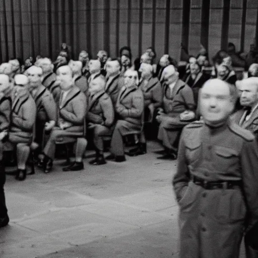 Image similar to The minions at the Nuremberg trials, monochrome, very low contrast, noise