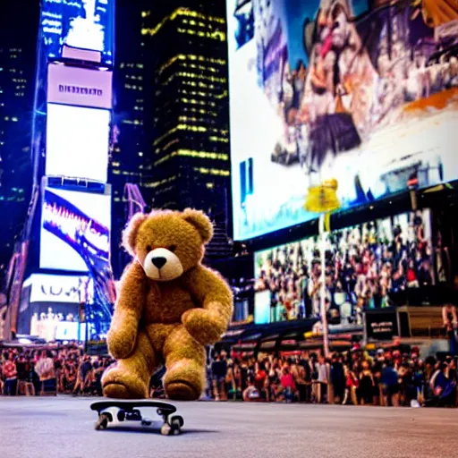 Image similar to a teddy bear skating on a skateboard in times square