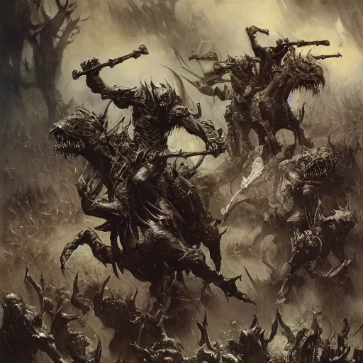 Image similar to an army of undead riding beasts with flag bearers and trumpeters, intricate detail, royo, vallejo, frazetta, giger, whealan,