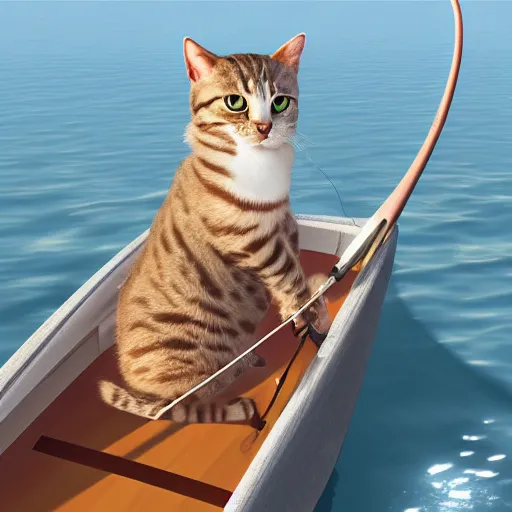 cat fishing in a river while in a boat illustrated by