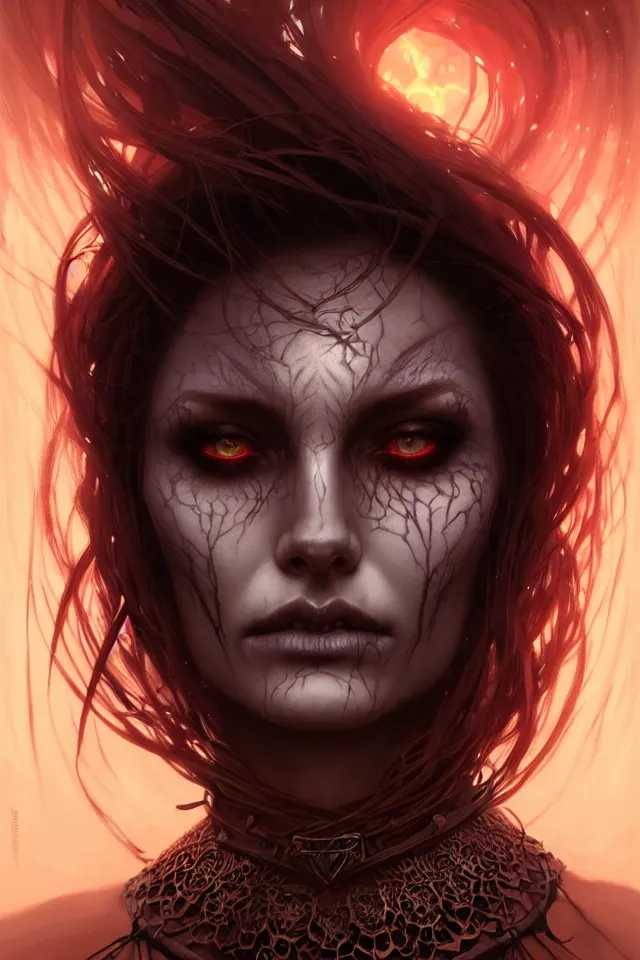 Image similar to Necromancer Sorceress face close-up macro in center, fantasy magic, undercut hairstyle, dark light night, intricate, elegant, sharp focus, illustration, highly detailed, digital painting, concept art, matte, art by WLOP and Artgerm and Greg Rutkowski and Alphonse Mucha, masterpiece