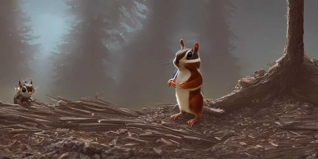 Prompt: A chipmunk with feathers. Detailed digital matte painting in the style of simon stalenhag