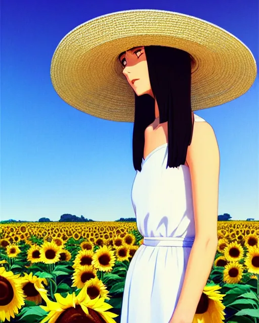 Image similar to a girl in a white dress and a straw hat walks in the sunflower field | | fine - face, audrey plaza, realistic shaded perfect face, fine details. anime. realistic shaded lighting poster by ilya kuvshinov katsuhiro otomo ghost - in - the - shell, magali villeneuve, artgerm, jeremy lipkin and michael garmash and rob rey