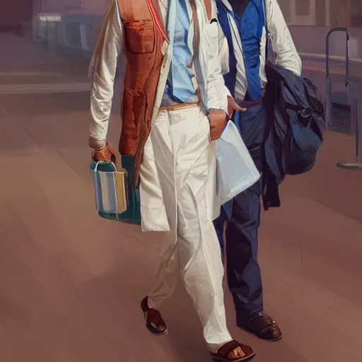 Image similar to Anxious good looking pale young Indian doctors wearing American clothes at the airport, portrait, elegant, intricate, digital painting, artstation, concept art, smooth, sharp focus, illustration, art by artgerm and greg rutkowski and alphonse mucha