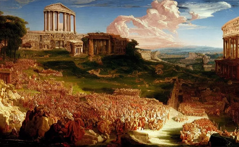 Prompt: “ the fall of rome by thomas cole, modern version, painting ”