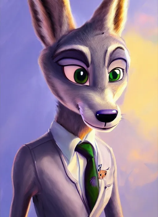 Image similar to oil painting of detailed full body of anthromorphic female wolf, in style of zootopia, zootopia, zootopia, fursona, furry, furaffinity, 4 k, deviantart, furry art, fursona art, wearing black business suit, business suit, in style of zootopia, wolf fursona, cyberpunk, female, expressive detailed feminine face,