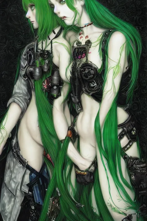 Prompt: two cute beautiful young goth maidens, green hairs and white hairs, cyberpunk, Warhammer 40000, gothic, highly detailed, artstation, illustration, art by Gustav Klimt and Range Murata