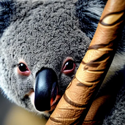 Image similar to koala in a leather jacket smoking a cigar sitting at a conference table shouting, full body shot, portrait, fantasy, beautiful face, vivid colors, elegant, concept art, sharp focus, digital art, Hyper-realistic, 4K, Unreal Engine, Highly Detailed, HD, Dramatic Lighting by Brom, trending on Artstation