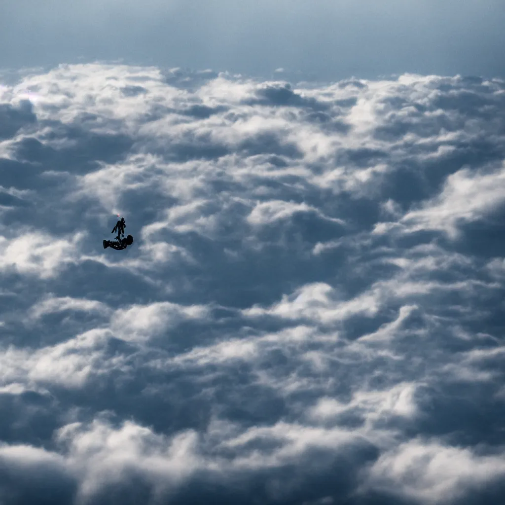 Image similar to a scubadiver floating above the clouds, graphic art