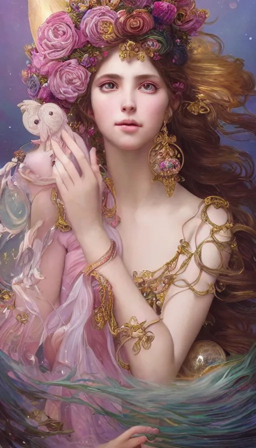 Prompt: portrait of stunning Goddess of magic, dreamy and ethereal, expressive pose, big pink eyes, peaceful expression, ornate frilly dress, fantasy, intricate, elegant, many rainbow bubbles, rose tones, highly detailed, digital painting, artstation, concept art, smooth, sharp focus, illustration, art by artgerm and greg rutkowski and alphonse mucha