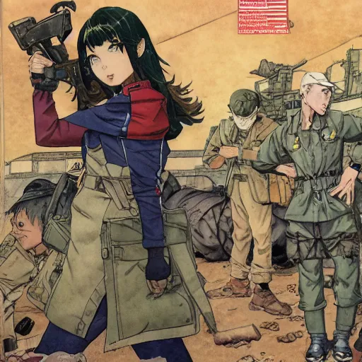 Prompt: anime style, marvel japan coloring, side portrait of a girl, trench and sandbags in background, soldier clothing, norman rockwell, tom lovell, alex malveda, jack kirby, greg staples