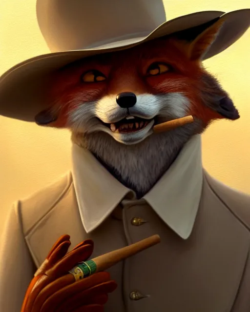 Prompt: close up anthropomorphic art of a fox wearing a white suit, white cowboy hat, and aviator sunglasses, holding a cigar, laughing, artstation. highly detailed painting, smooth, global illumination, fantasy art by greg rutkowsky, karl spitzweg