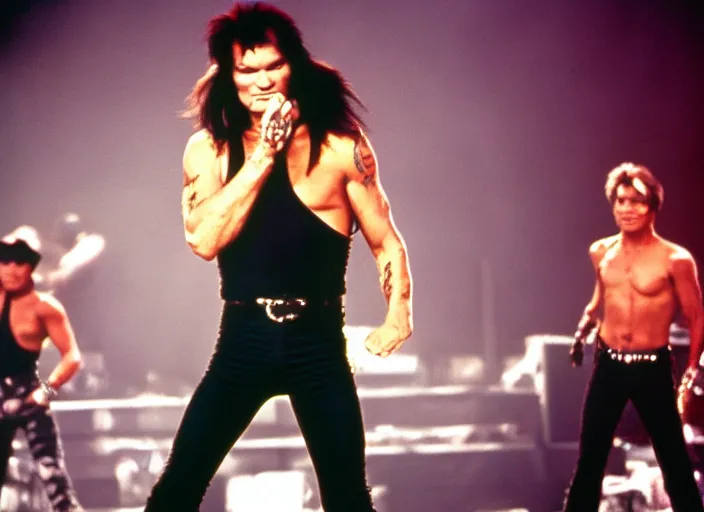 Image similar to publicity photo still of patrick swayze in motley crue live on stage, 8 k, live concert lighting, mid shot