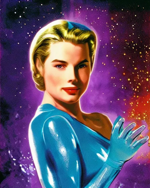 Image similar to drew struzan style movie color poster of grace kelly dressed as sue storm, the invisible woman from the fantastic four, with her hands held up, she is generating an iridescent bubble of particles around her body in the form of a shimmering bubble force field, soft focus, bokeh, 5 0 mm